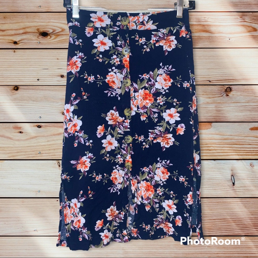 🖤Floral MIDI Skirt blue Bohemian Hippie Button S PS xs summer boho slit preppy